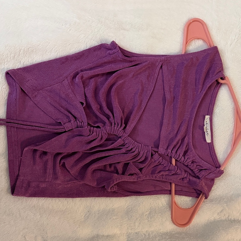 Tank Top Stretch knit 
L. Excellent.  tie front
sheer sections. Cropped length
